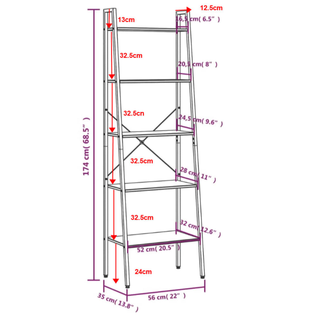 Stigereol med 5 hylder 56x35x174 cm sort